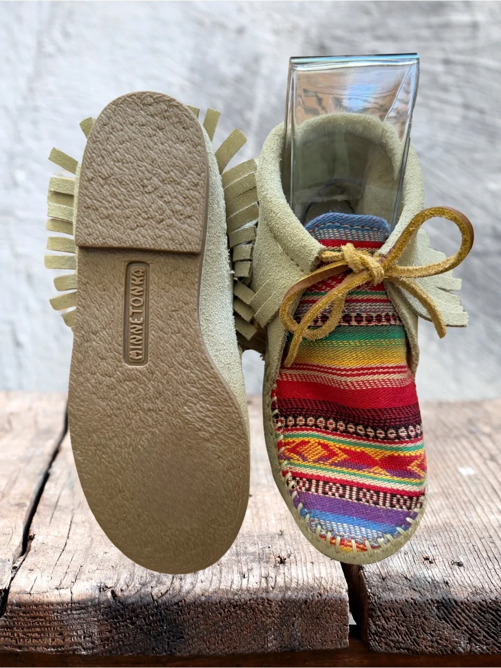 NWOT Minnetonka Kids Frisco Suede Fringe Ankle Bootie Moccasins Multi Serape
